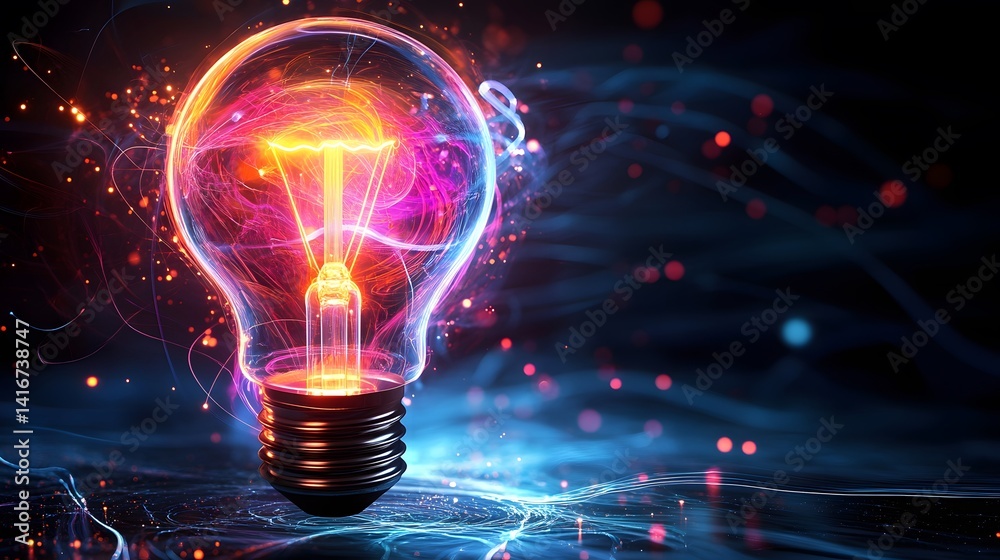 Illuminated Light Bulb in Vivid Neon Colors with Energy Flow Illuminated Light Bulb in Vivid Neon Colors with Energy Flow