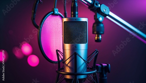 close-up, portrait-style photograph featuring a professional studio microphone setup. The microphone is positioned centrally, with a sleek, cylindrical shape and a metallic mesh grille.