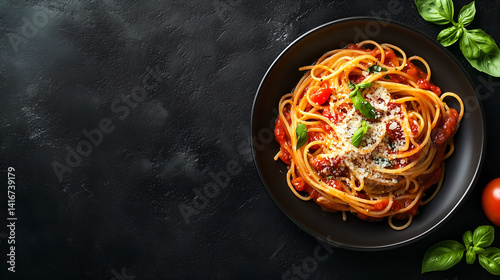 Italian Pasta Delight: A visually appetizing overhead shot of a steaming plate of spaghetti, artfully intertwined with vibrant tomato sauce, fresh basil, and a dusting of cheese.