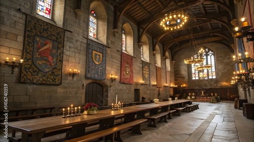 The Great Hall at St Cuthbert's College in Edinburgh, featuring elegant architecture and a warm, inviting atmosphere photo