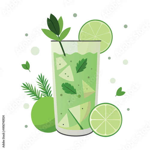 Cucumber-lime-mocktail-with-herbs-in-white background. 
