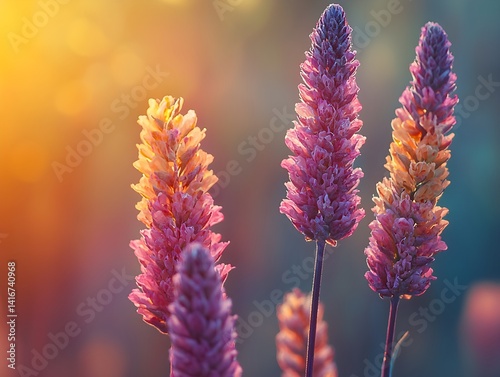 Vibrant Purple Flowers in Blurred Sunset Background