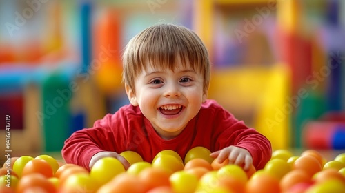 Happy Toddler Boy Playing in a Colorful Ball Pit