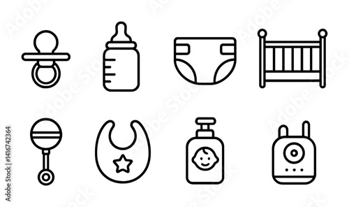 Infant essentials: pacifier, bottle, diaper, crib, rattle, bib, lotion, monitor icons.