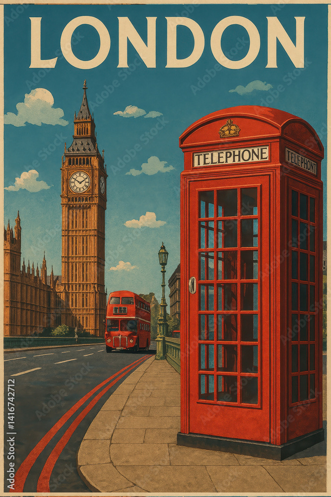 Obraz premium London cityscape with iconic red telephone box, Big Ben clock tower, double-decker bus, historic architecture, UK travel destination, British culture.
