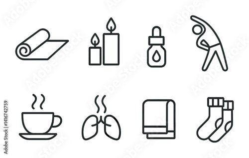Line icons of yoga mat, candles, aroma oil, stretching, coffee, breathing, towel, socks.