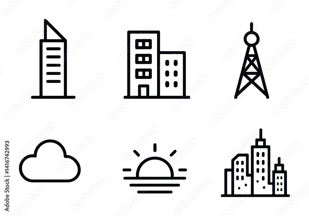 Naklejka premium Minimalist urban icons: buildings, tower, cloud, sunset.