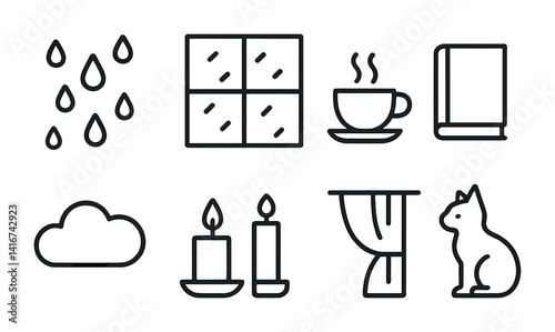 Cozy home icons featuring rain, window, coffee, book, cloud, candles, curtains, cat.