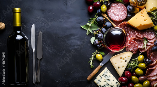 Wine and Dine: A luxurious spread of gourmet cheese, succulent salami, fresh grapes, and a rich glass of red wine, artfully arranged alongside a bottle of fine vintage, offers a sensory feast.