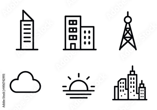 Minimalist urban icons: buildings, tower, cloud, sunset.