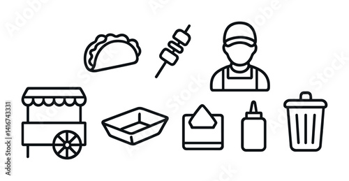 Street food line icons: vendor, taco, skewer, cart, accessories.