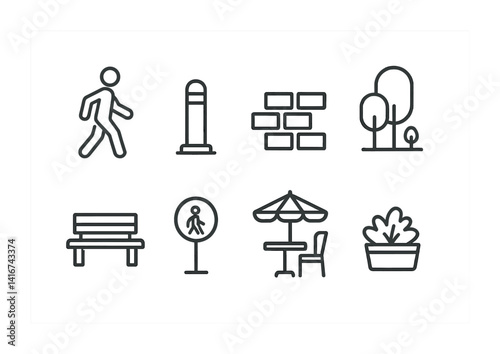 Minimalist urban icons: pedestrian, traffic, park, furniture, nature elements.