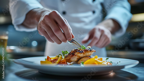 Chef plating gourmet meal: A skilled chef carefully plates a gourmet dish, showcasing their culinary artistry. Each ingredient is meticulously arranged.