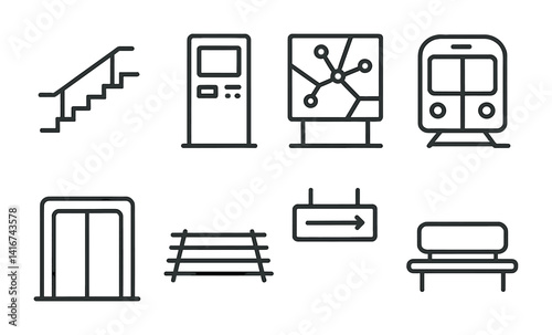 Subway icons outline: stairs, ticket machine, map, train, elevator, rails, sign, bench.