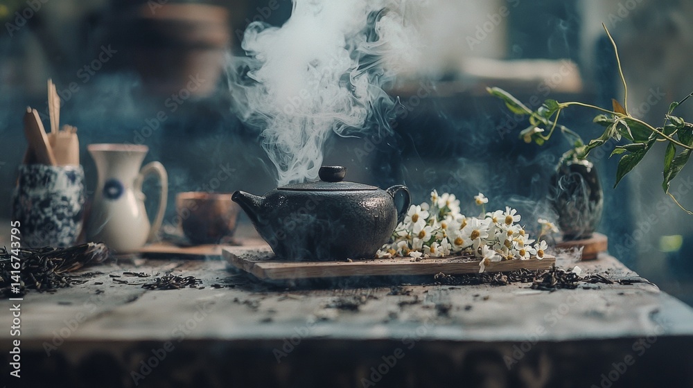 Tea brewing ritual with steam rising from herbal mix