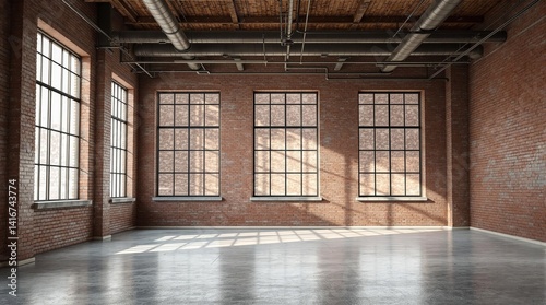 Empty industrial loft space with brick walls and concrete floor