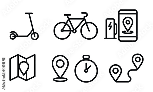 Sustainable urban transport icons: scooter, bike, charging station, map, location, route.