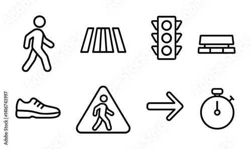 Traffic and pedestrian icon set featuring crosswalk, traffic light, and stopwatch symbols.