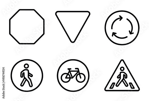 Set of black and white traffic and pedestrian road signs collection.