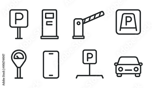 Parking and payment icons set with signage and devices.