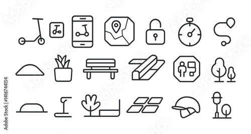 Icons of urban transportation and park elements in minimalist line art.