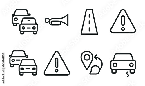 Traffic icons: cars, horn, road, location, warning signs in black and white line art.
