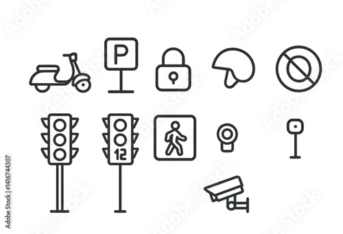 Traffic icons: scooter, parking, lock, helmet, no entry, lights, pedestrian, camera.