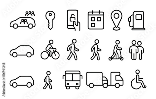 Transportation icons set featuring cars, bicycles, scooters, and accessibility symbols.