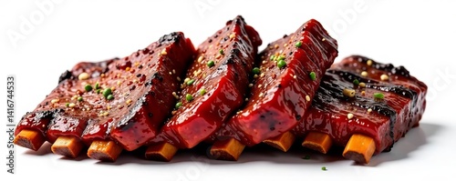 Stack of seasoned ribs isolated on a white background, pork, protein, meal