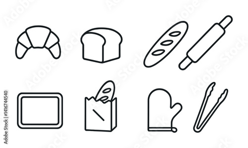 Bread and bakery icons: croissant, baguette, oven mitt, bread bag, tongs, rolling pin.