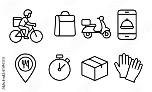 Food delivery symbols: biker, scooter, app, map, timer, box, gloves icon set.