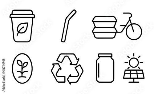 Eco-friendly icons: recycle, solar, plant, bike, compostable, jar.