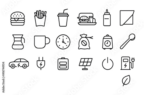 Fast food and eco-friendly icons including burger, clock, electric car, solar panel, leaf.