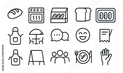 Bakery and cafe icon set featuring bread, oven, table, and dining symbols.