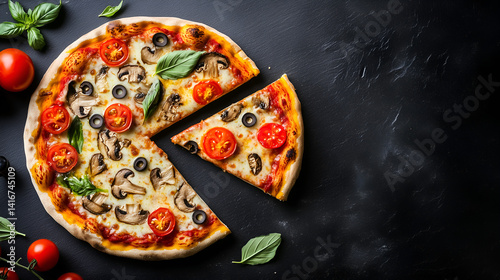 Pizza Delight: A mouthwatering pizza, garnished with vibrant cherry tomatoes, earthy mushrooms, and fresh basil leaves, on a dark background. Savor the irresistible allure of this classic dish!