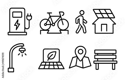 Sustainable energy icons: electric, bike, solar, walking, eco-friendly tech.
