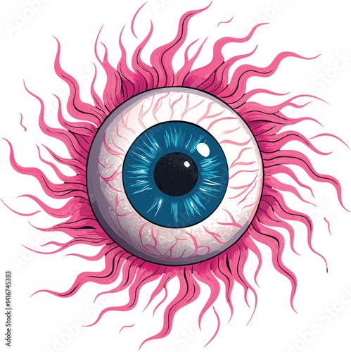 Illustration of a blue eyeball surrounded by pink filaments.