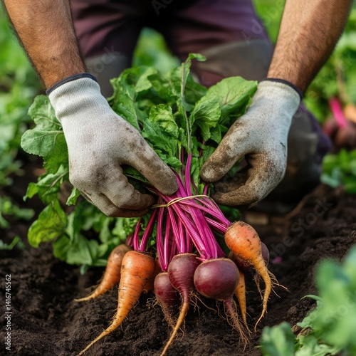 A gardener holds vibrant carrots and radishes with green tops, showcasing the beauty and bounty of a healthy garden harvest