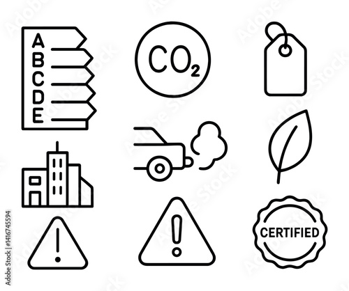 Sustainability and emissions icons: energy rating, co2, and eco symbols.