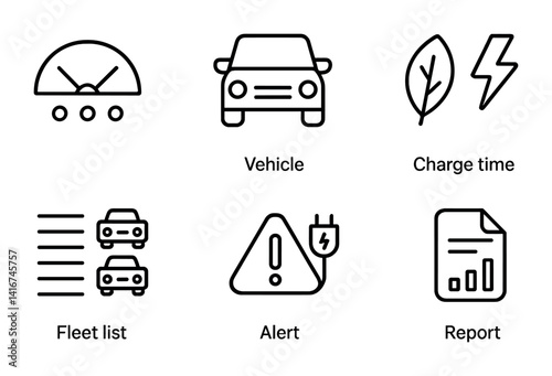 Electric vehicle interface icons: speedometer, alert, charge time, fleet list.