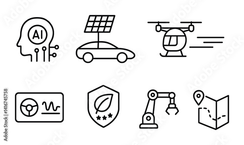 Icon set featuring ai, solar car, drone, dashboard, eco badge, robotic arm, and map.