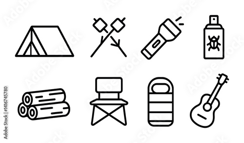 Camping essentials: tent marshmallows flashlight insect repellent logs chair sleeping bag guitar.