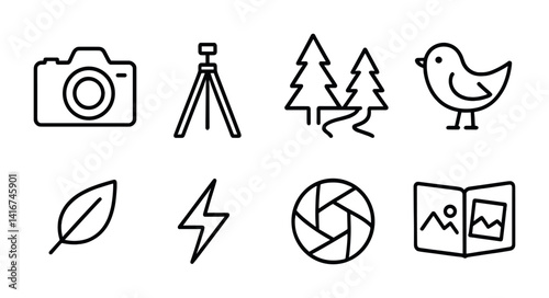 Photography icons: camera, tripod, nature, bird, leaf, flash, aperture, gallery.