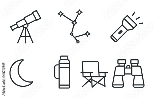 Camping adventure icons: telescope, constellation, flashlight, moon, thermos, chair, binoculars.