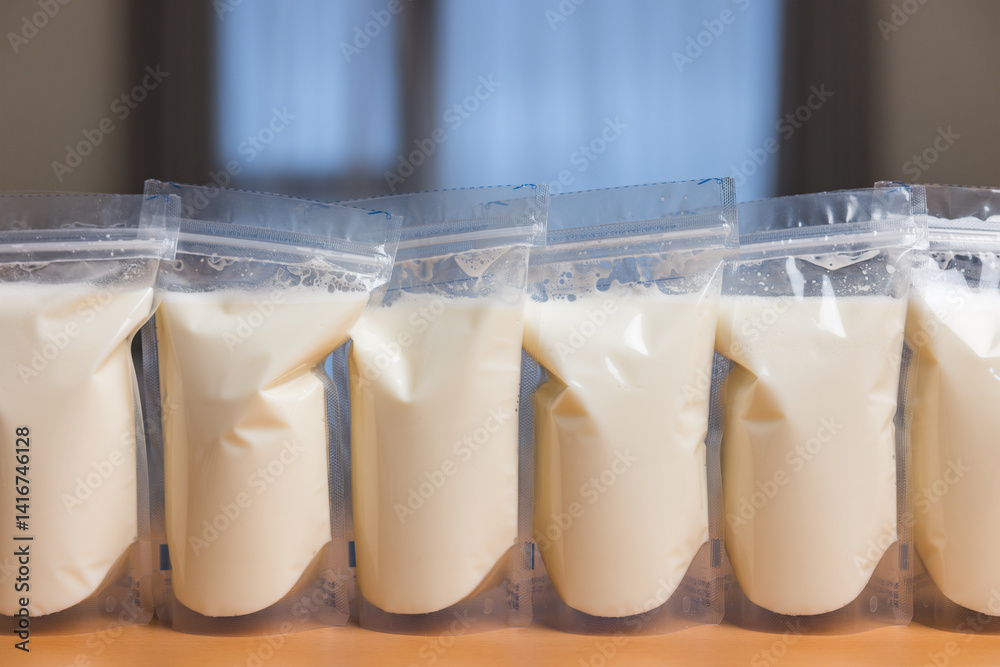 Breast milk storage bags arranged in row