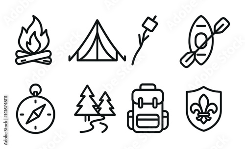 Camping and outdoor adventure icons: tent, bonfire, hiking, kayaking, camping gear.