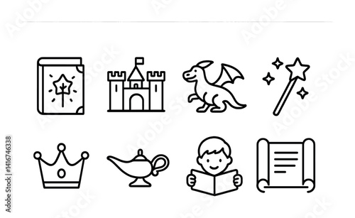 Fantasy icons: book, castle, dragon, wand, crown, lamp, boy, scroll.