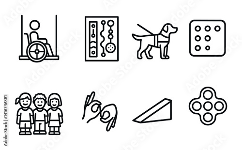 Accessibility icons: wheelchair, braille, guide dog, inclusive play, sign language, sensory tools.