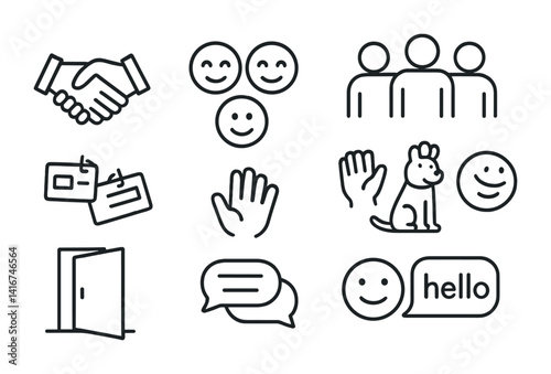 Communication and interaction icons: handshake, chat, smiley faces, access badges, wave, pets, greetings.