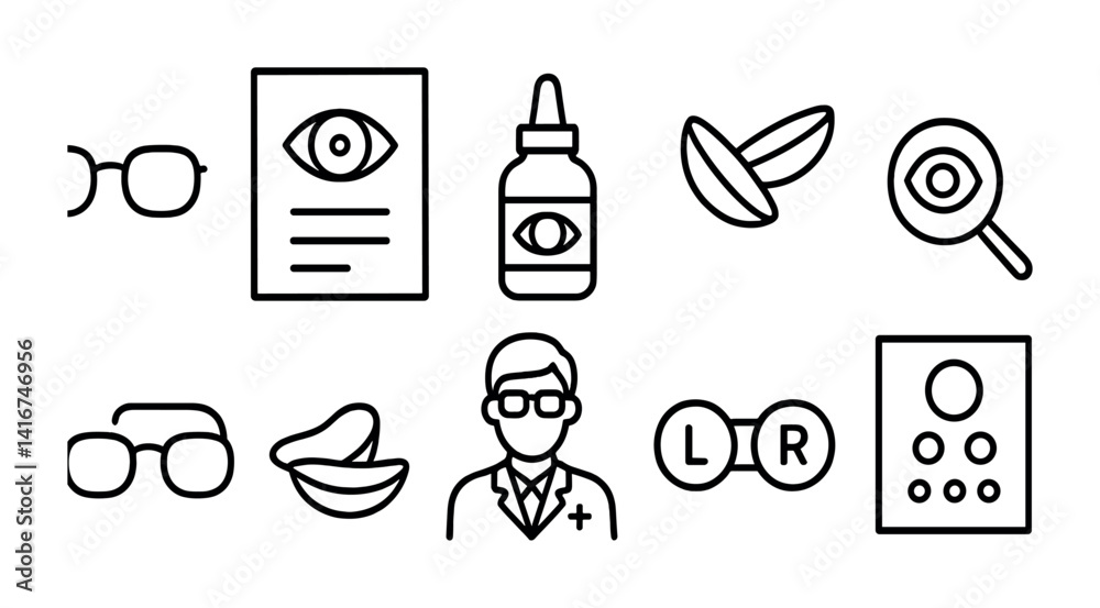 Fototapeta premium Eye care icons: glasses, contact lenses, eye chart, optometrist, eye dropper.